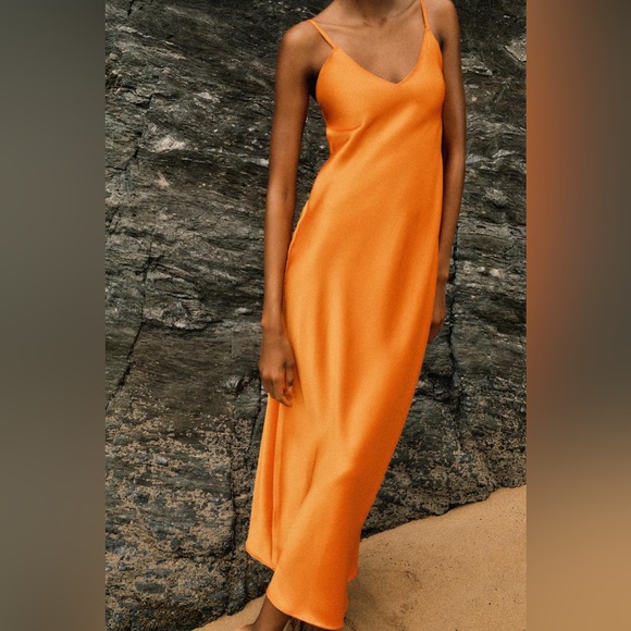 Zara dress maxi midi hot orange satin effect wedding party cocktail - Picture 13 of 16
